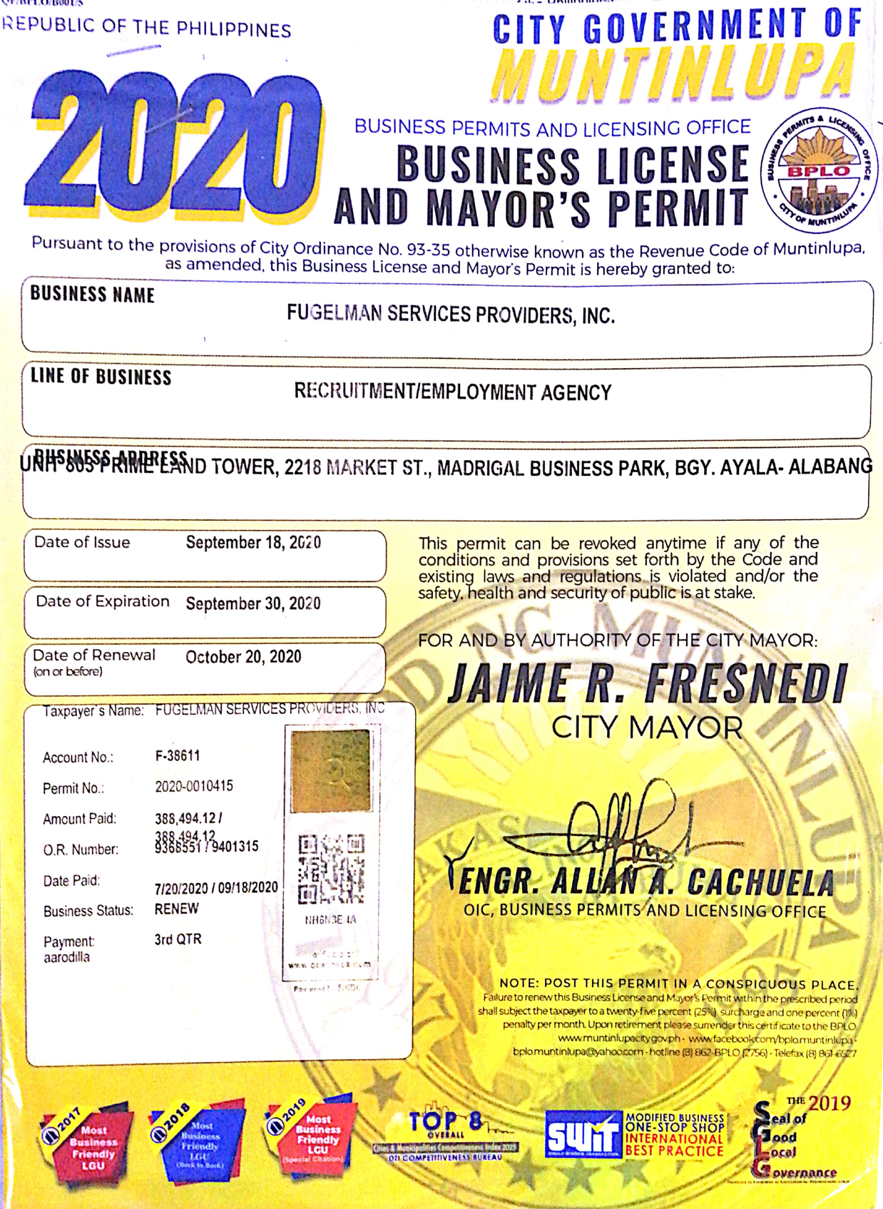 Fugelman Business License and Mayors Permit