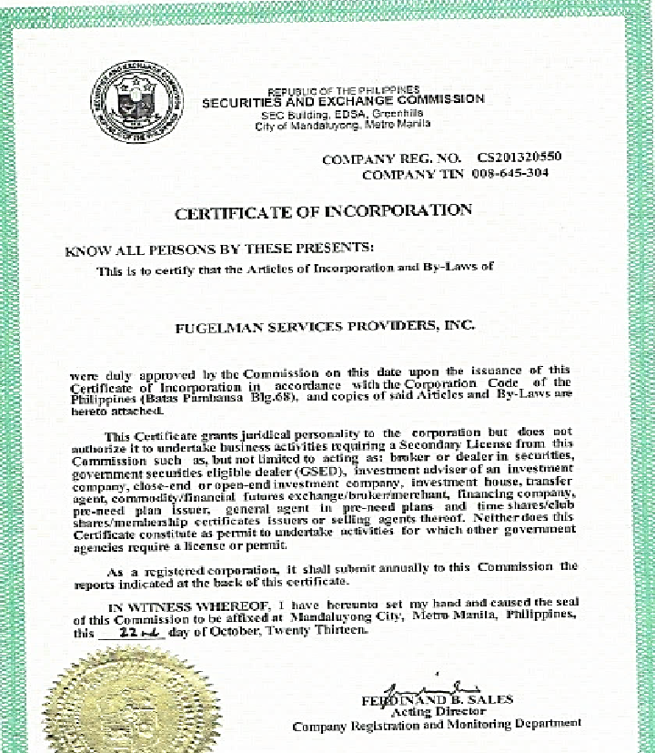 Fugelman Certificate of Incorporation