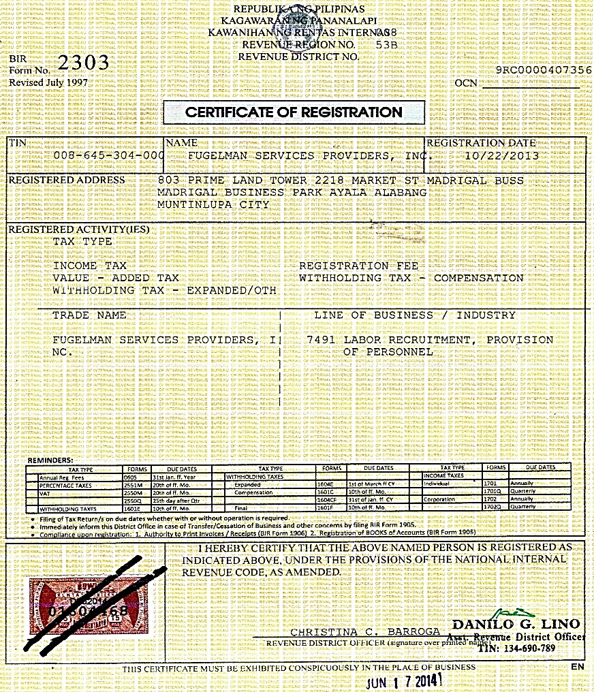 Fugelman Certificate of Registration